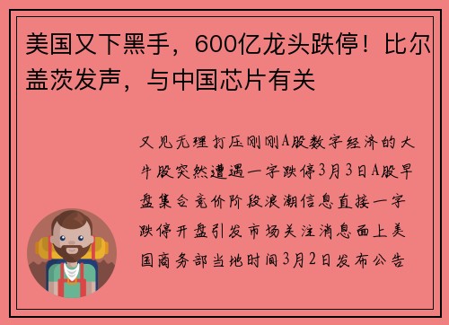 美国又下黑手，600亿龙头跌停！比尔盖茨发声，与中国芯片有关 